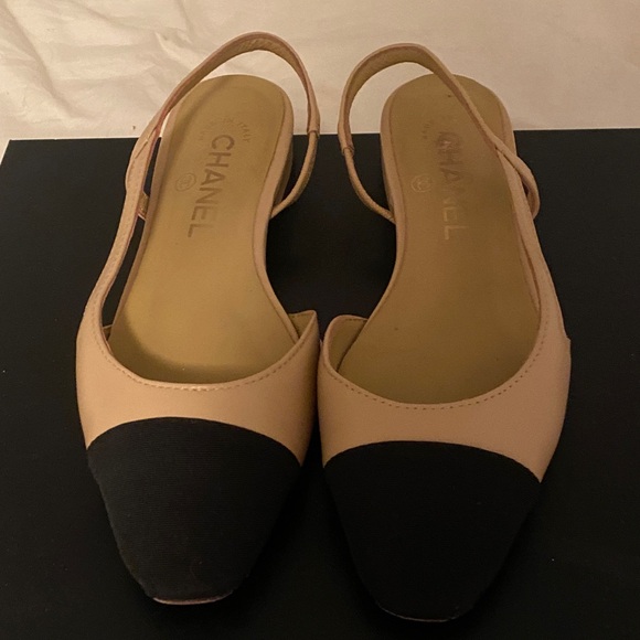 CHANEL Shoes - CHANEL Beige and Black Slingback Flats